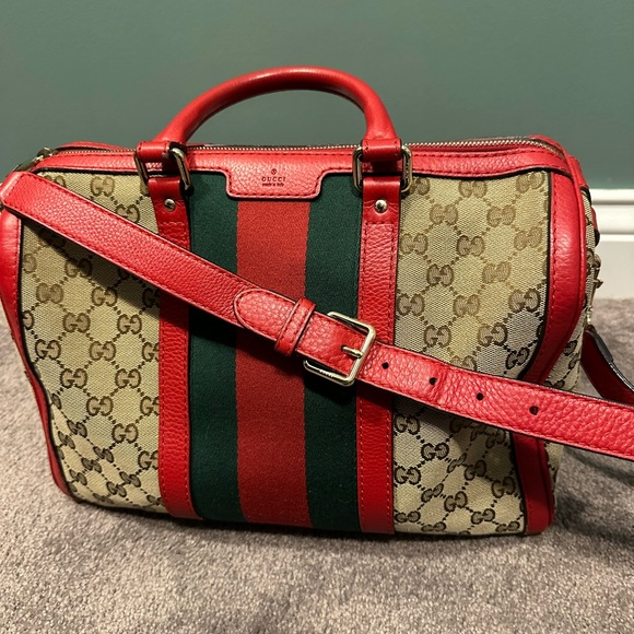 Gucci Boston bag brown monogram with red leather - Picture 2 of 16